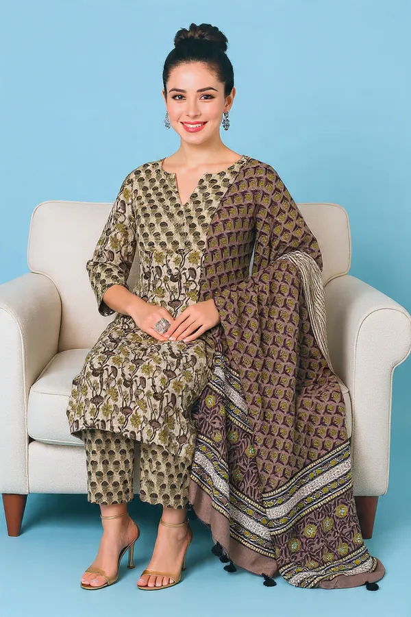Green_&_Brown_Rayon_Slub_&_Dupatta_Kotachex_Kurta_Set_For_Women