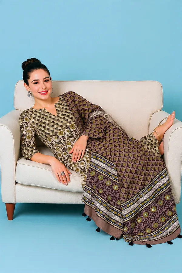 Green_&_Brown_Rayon_Slub_&_Dupatta_Kotachex_Kurta_Set_For_Women