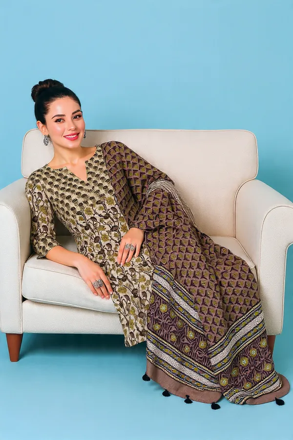 Green_&_Brown_Rayon_Slub_&_Dupatta_Kotachex_Kurta_Set_For_Women