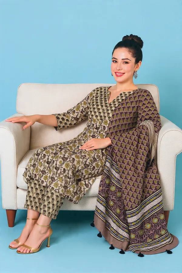 Green_&_Brown_Rayon_Slub_&_Dupatta_Kotachex_Kurta_Set_For_Women