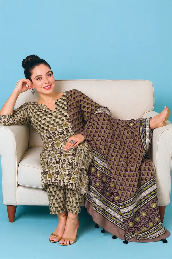 Green_&_Brown_Rayon_Slub_&_Dupatta_Kotachex_Kurta_Set_For_Women