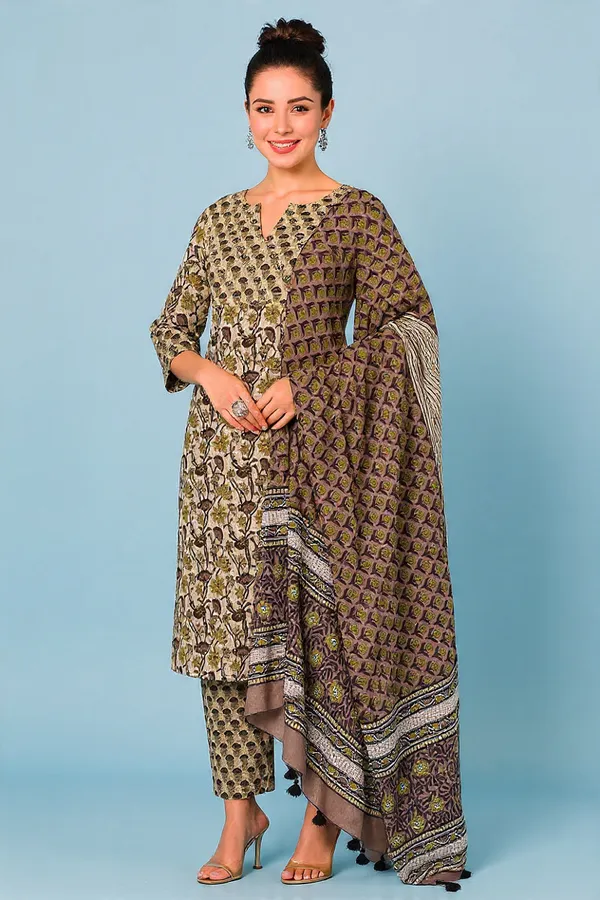 Green_&_Brown_Rayon_Slub_&_Dupatta_Kotachex_Kurta_Set_For_Women