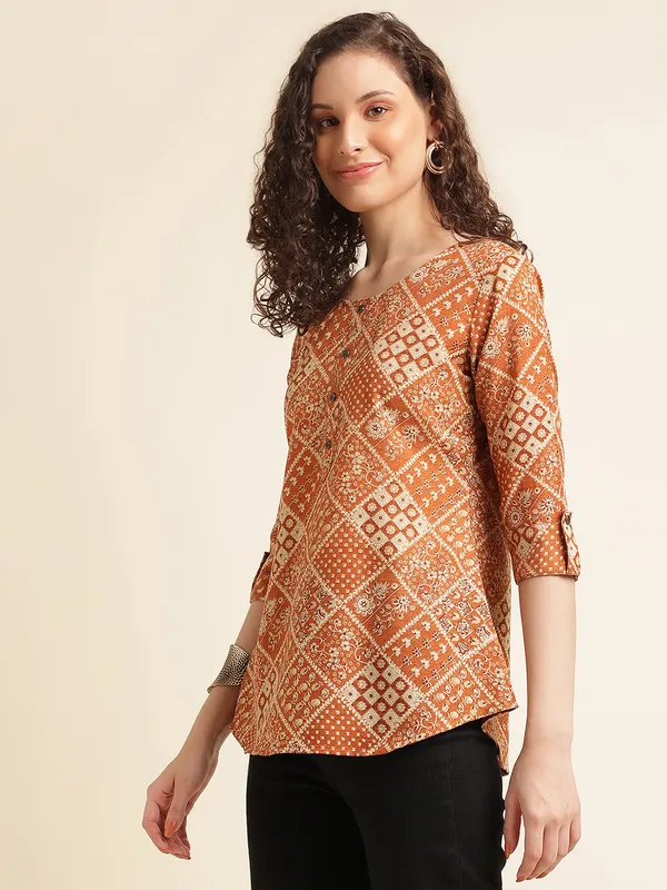 Rust_Orange_with_Beige_print_Women's_Top_For_Women