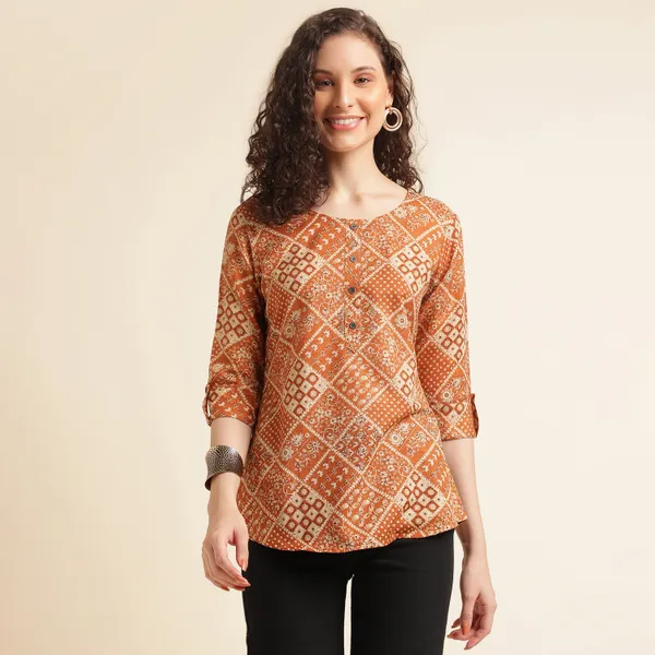 Rust_Orange_with_Beige_print_Women's_Top_For_Women