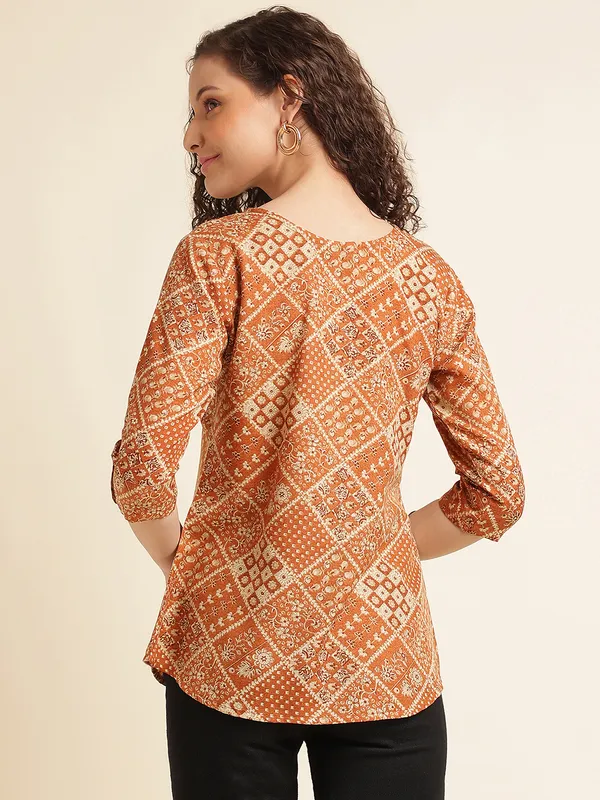 Rust_Orange_with_Beige_print_Women's_Top_For_Women