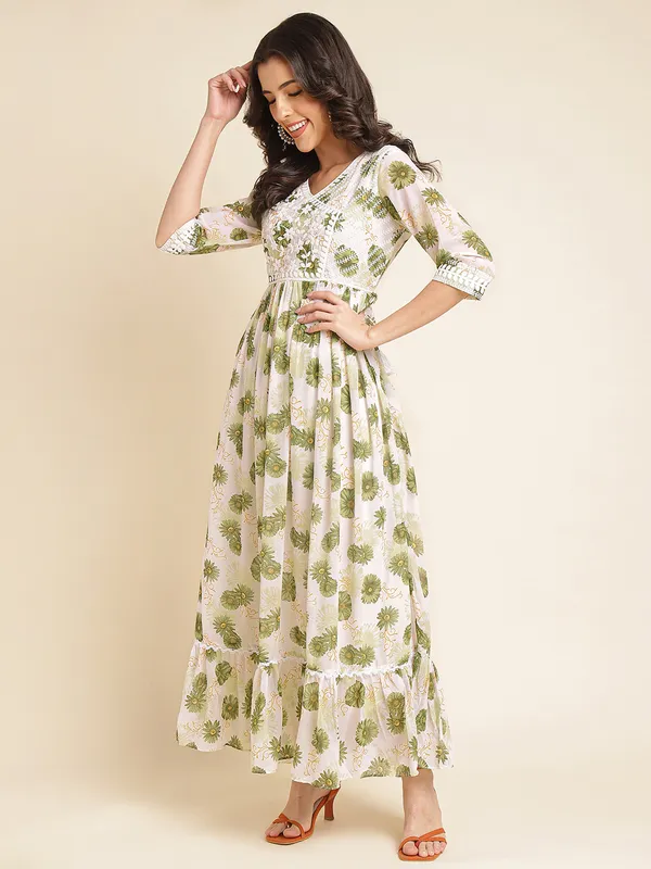 White_with_Green_floral_print_Georgette_Embroidered_Dresses_For_Women