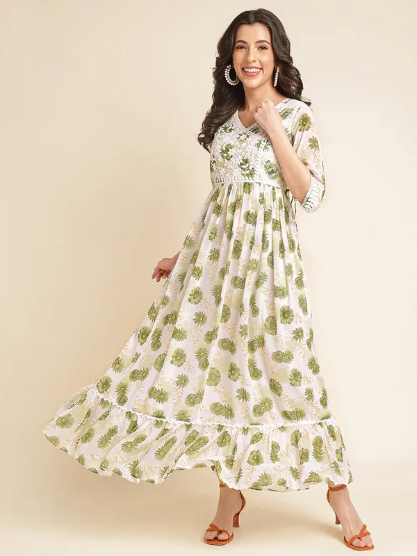 White_with_Green_floral_print_Georgette_Embroidered_Dresses_For_Women