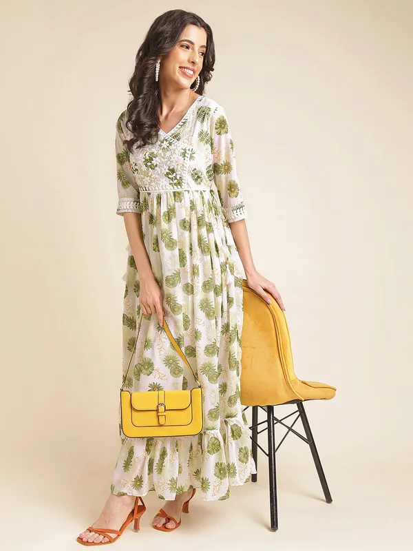 White_with_Green_floral_print_Georgette_Embroidered_Dresses_For_Women