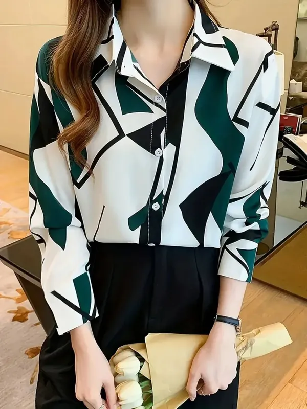 White_&_Green_Rayon_Printed_Korean_Summer_Shirt_For_Women