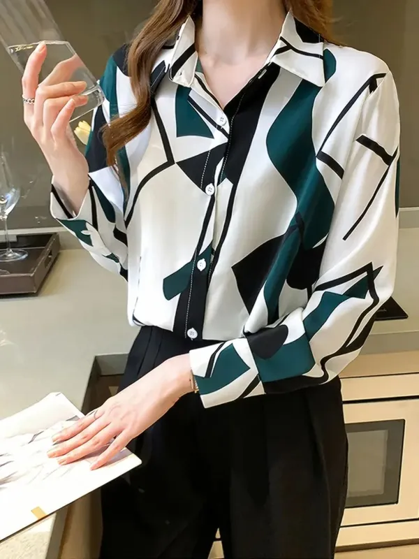 White_&_Green_Rayon_Printed_Korean_Summer_Shirt_For_Women