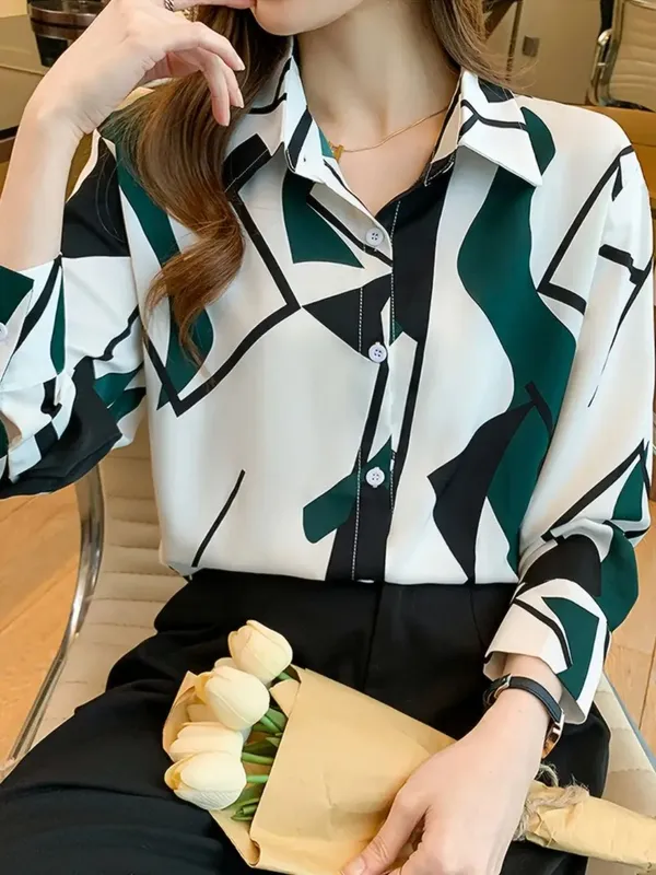 White_&_Green_Rayon_Printed_Korean_Summer_Shirt_For_Women