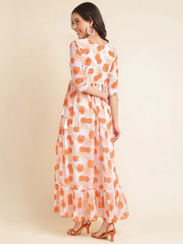 White_with_Orange_floral_print_Georgette_Embroidered_Dresses_For_Women