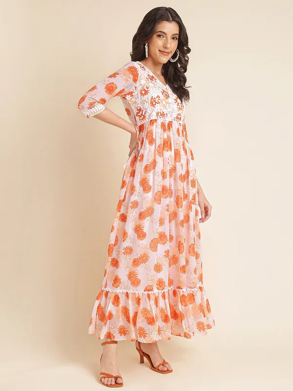 White_with_Orange_floral_print_Georgette_Embroidered_Dresses_For_Women
