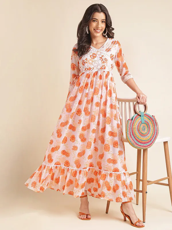 White_with_Orange_floral_print_Georgette_Embroidered_Dresses_For_Women