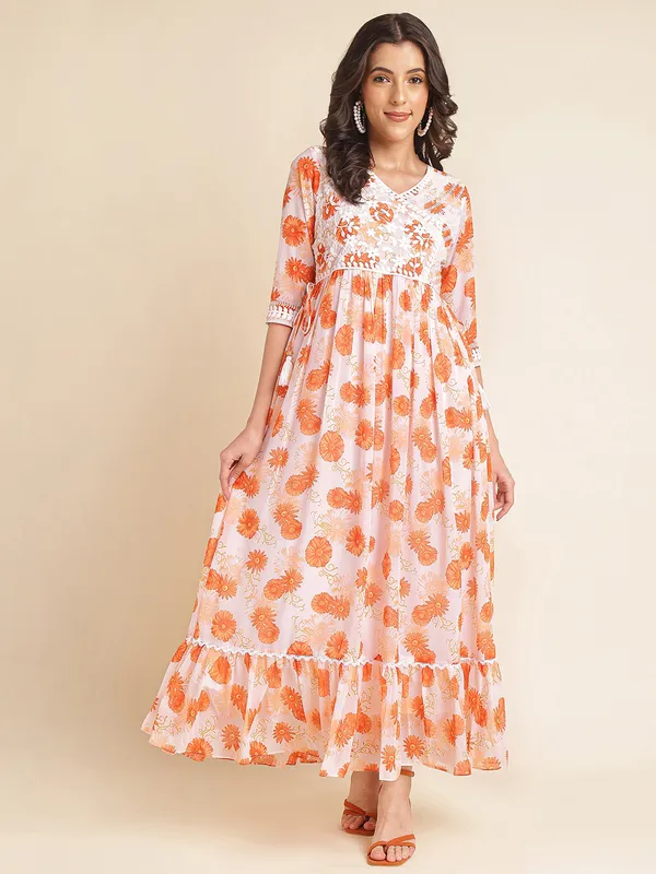 White_with_Orange_floral_print_Georgette_Embroidered_Dresses_For_Women