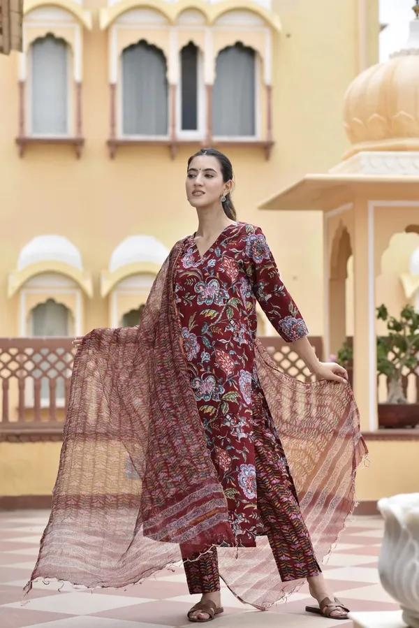 Brown_Rayon_Slub_&_Dupatta_Kotachex_Kurta_Set_For_Women
