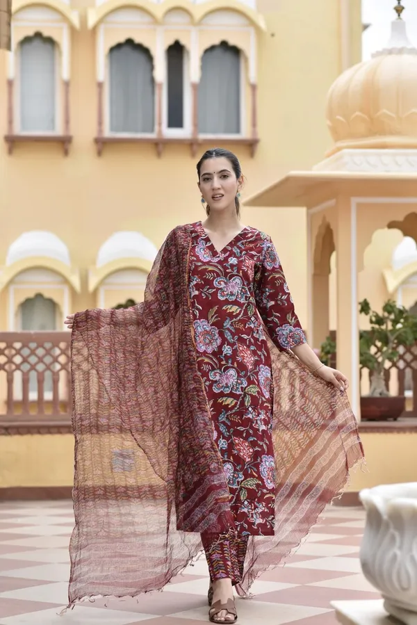 Brown_Rayon_Slub_&_Dupatta_Kotachex_Kurta_Set_For_Women