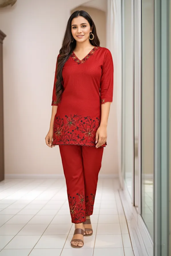 Red_Pure_Rayon_Cotton_Dyed_Festive_Stylish_Co-Ord_Ensemble_For_Women