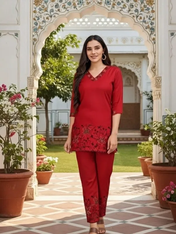 Red_Pure_Rayon_Cotton_Dyed_Festive_Stylish_Co-Ord_Ensemble_For_Women