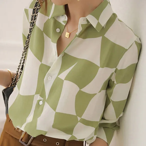 White_&_Green_Rayon_Printed_Korean_Summer_Shirt_For_Women