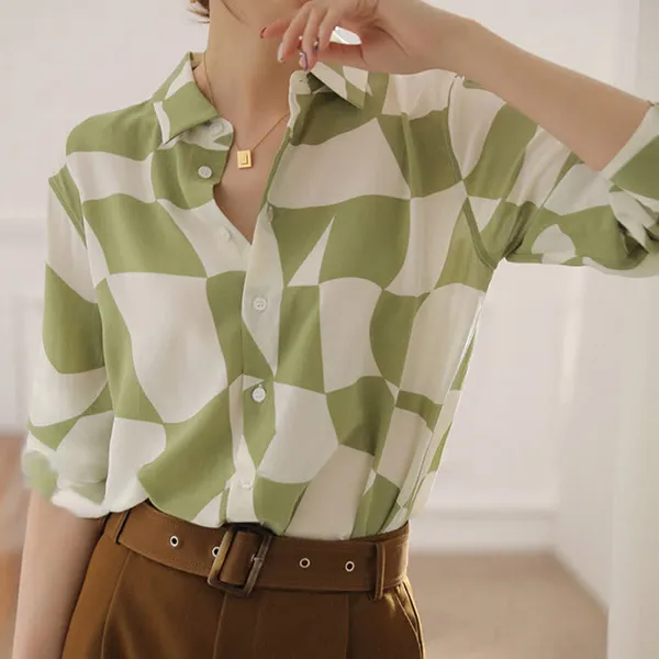 White_&_Green_Rayon_Printed_Korean_Summer_Shirt_For_Women