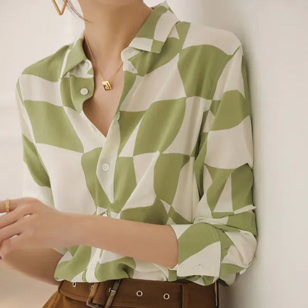 White_&_Green_Rayon_Printed_Korean_Summer_Shirt_For_Women