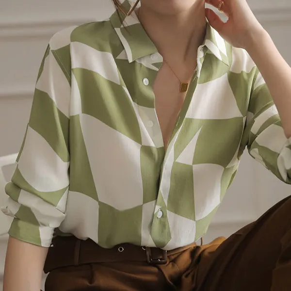 White_&_Green_Rayon_Printed_Korean_Summer_Shirt_For_Women