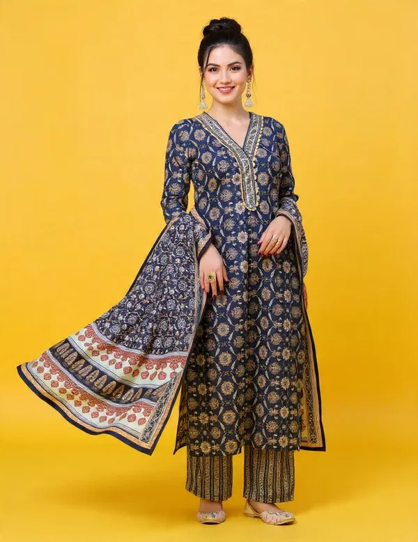 Black_Rayon_Slub_&_Dupatta_Kotachex_Kurta_Set_For_Women