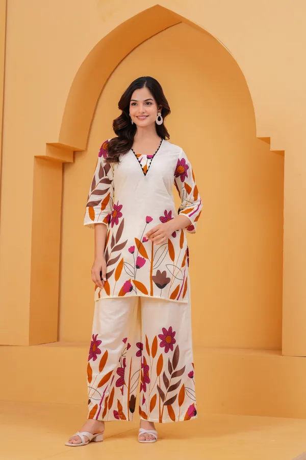 Cream_Ivory_&_Floral_Printed_Cotton_Co_Ord_Set_With_Wide_Leg_Pants_For_Women