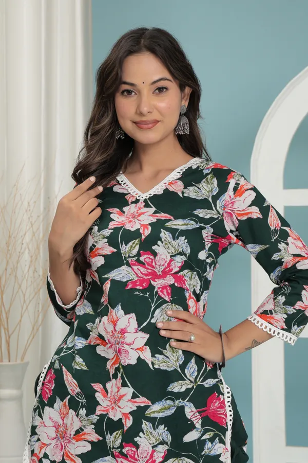 Green_Floral_Flare_Kurti_Set_With_Dhoti_Pants|_Elegant_Cotton_Comfort_For_Women