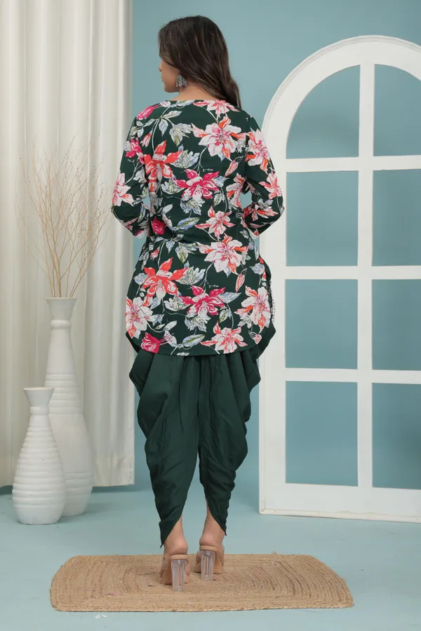 Green_Floral_Flare_Kurti_Set_With_Dhoti_Pants|_Elegant_Cotton_Comfort_For_Women