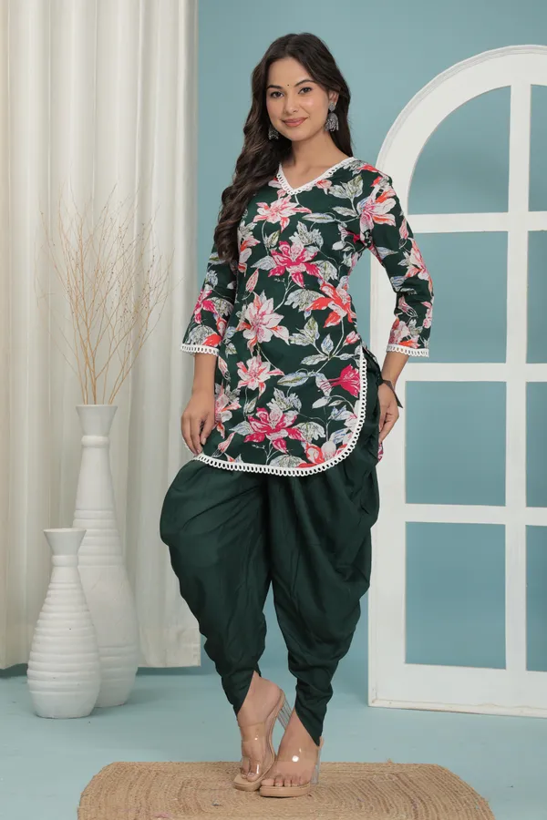 Green_Floral_Flare_Kurti_Set_With_Dhoti_Pants|_Elegant_Cotton_Comfort_For_Women