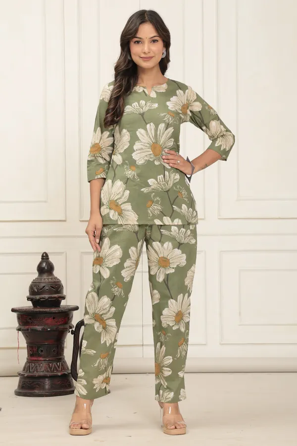Olive_Green_Aspire_Bloom_Cotton_Co_Ord_Set_With_Classic_Daisy_Print_For_Women