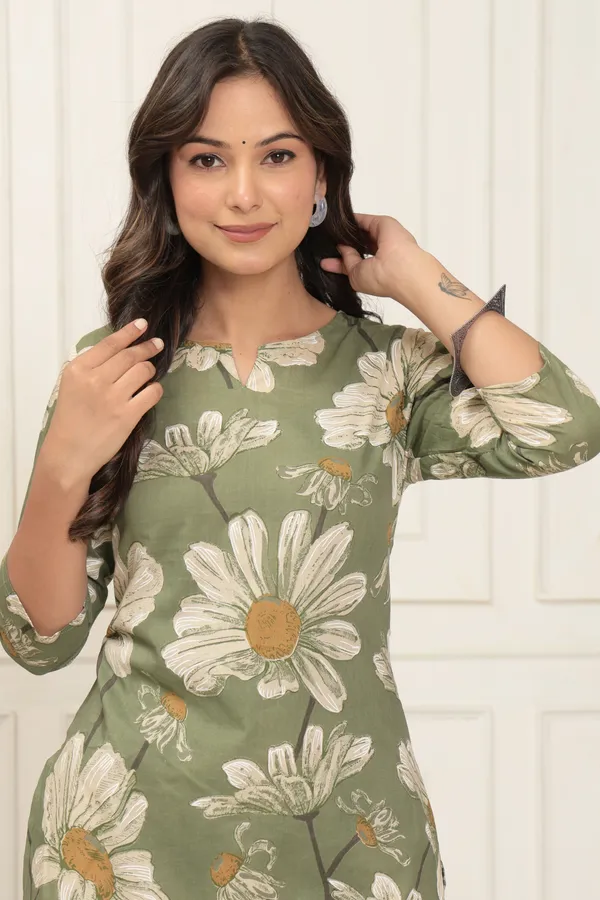 Olive_Green_Aspire_Bloom_Cotton_Co_Ord_Set_With_Classic_Daisy_Print_For_Women
