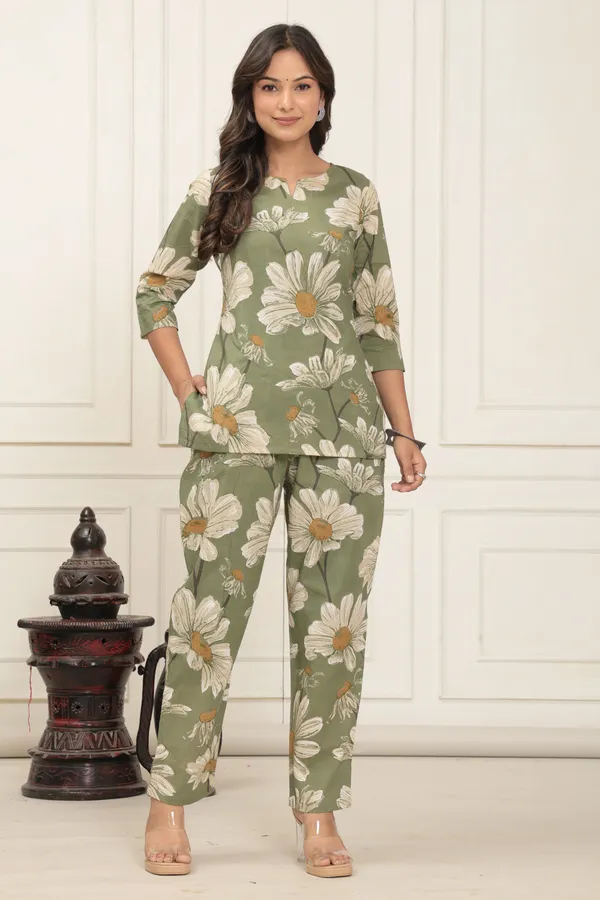 Olive_Green_Aspire_Bloom_Cotton_Co_Ord_Set_With_Classic_Daisy_Print_For_Women