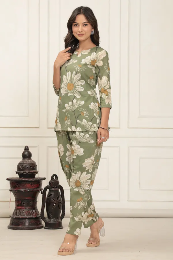 Olive_Green_Aspire_Bloom_Cotton_Co_Ord_Set_With_Classic_Daisy_Print_For_Women