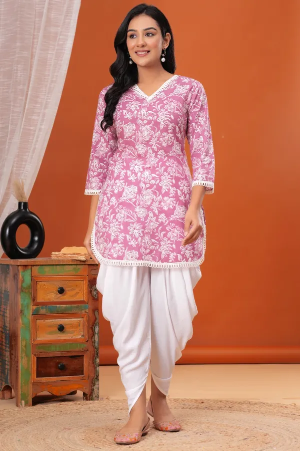 Pink_Printed_Cotton_Kurta_With_Rayon_Solid_Dhoti_Ethnic_Set_For_Women