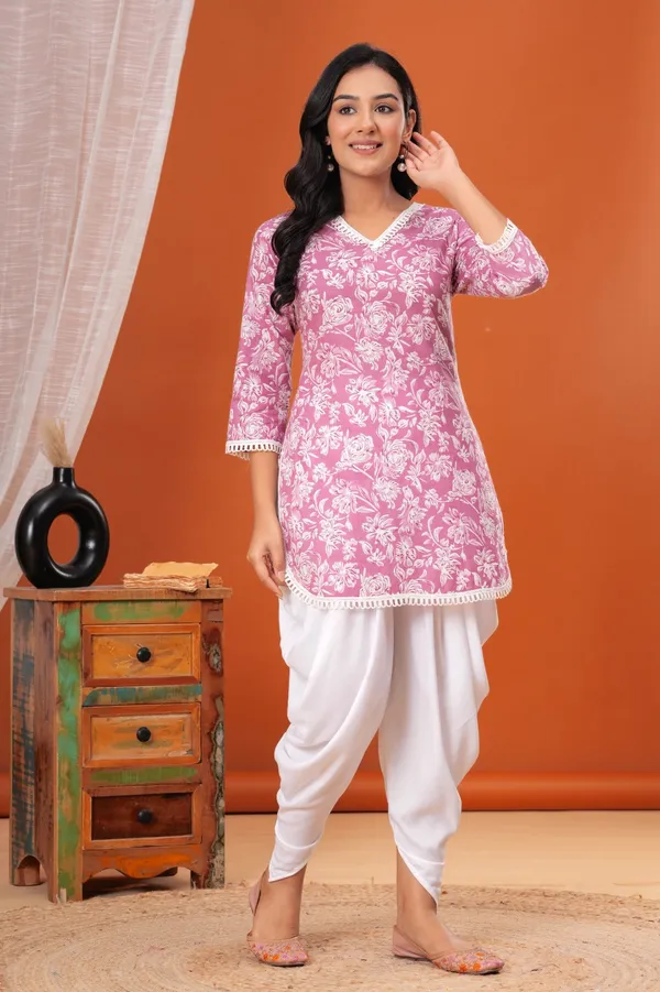 Pink_Printed_Cotton_Kurta_With_Rayon_Solid_Dhoti_Ethnic_Set_For_Women