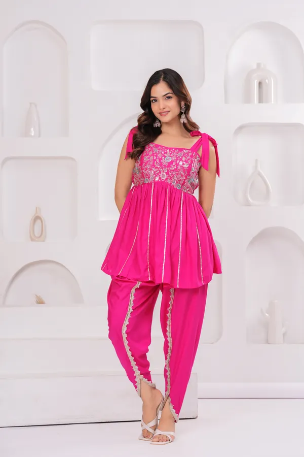 Pink_Fuchsia_Pink_Rayon_Embellished_Peplum_Kurta_With_Lace_Trim_Dhoti_Pants_For_Women
