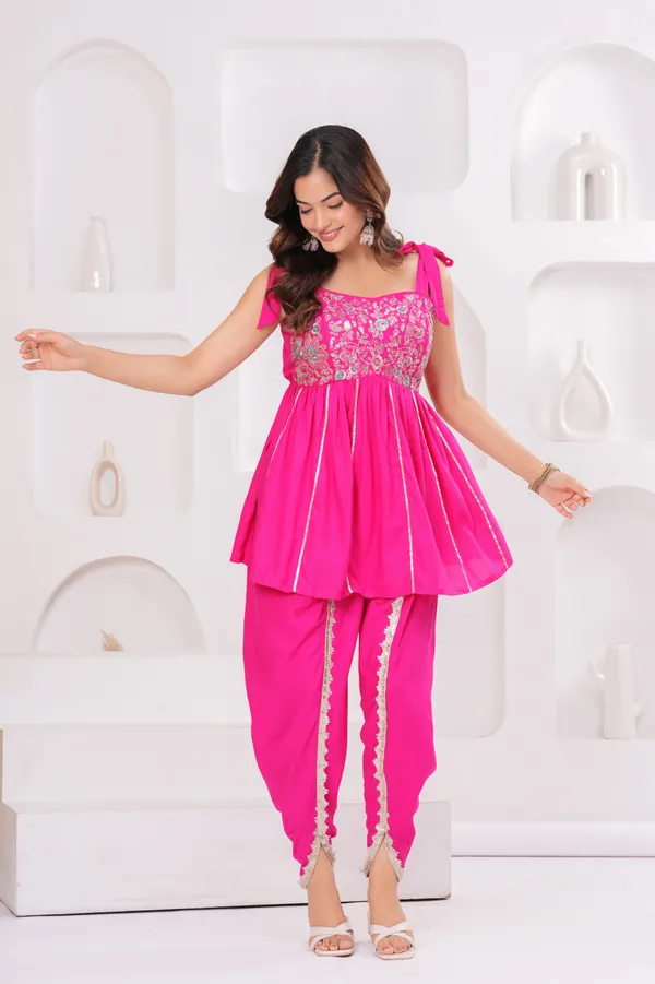 Pink_Fuchsia_Pink_Rayon_Embellished_Peplum_Kurta_With_Lace_Trim_Dhoti_Pants_For_Women