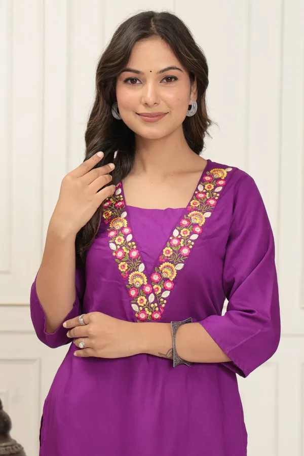 Purple_Gulbagh_Rayon_Kurti_Set_With_Hand_Embroidery_&_Brush_Painted_Floral_Art_For_Women