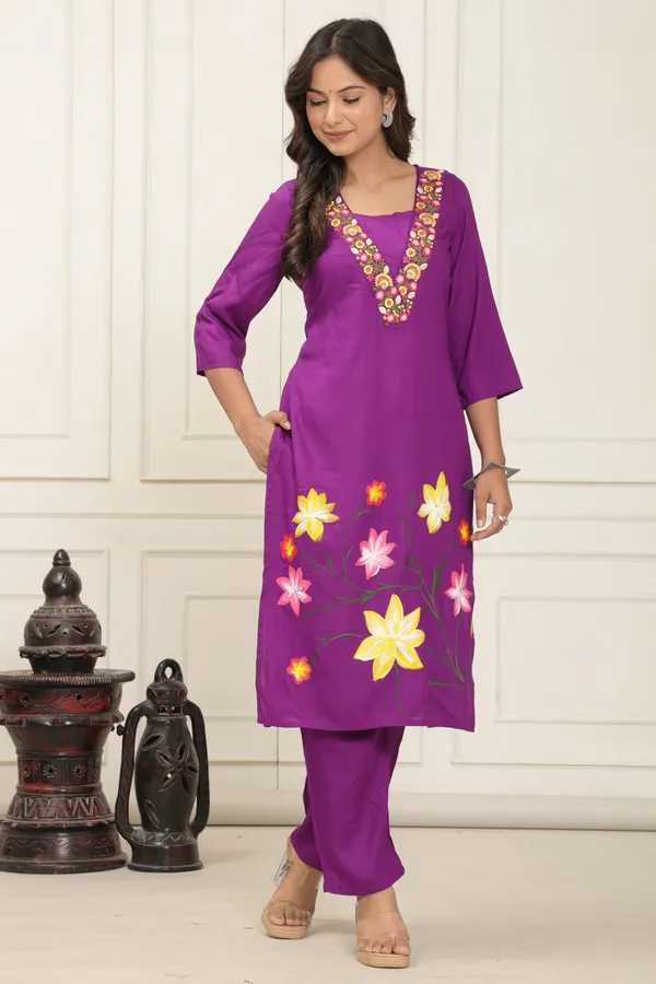 Purple_Gulbagh_Rayon_Kurti_Set_With_Hand_Embroidery_&_Brush_Painted_Floral_Art_For_Women