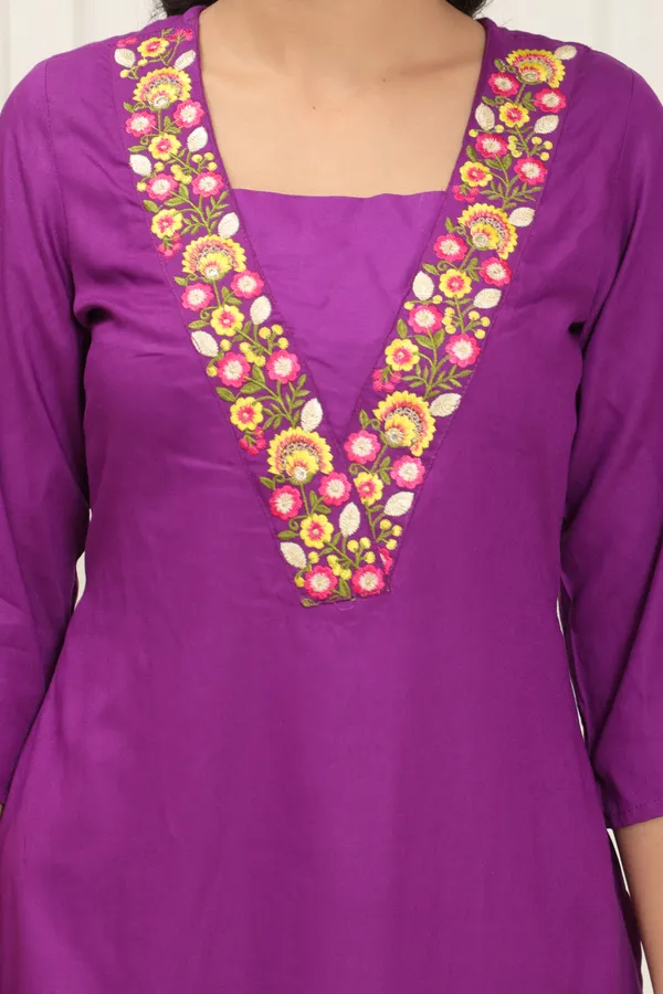 Purple_Gulbagh_Rayon_Kurti_Set_With_Hand_Embroidery_&_Brush_Painted_Floral_Art_For_Women