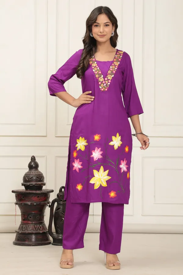 Purple_Gulbagh_Rayon_Kurti_Set_With_Hand_Embroidery_&_Brush_Painted_Floral_Art_For_Women