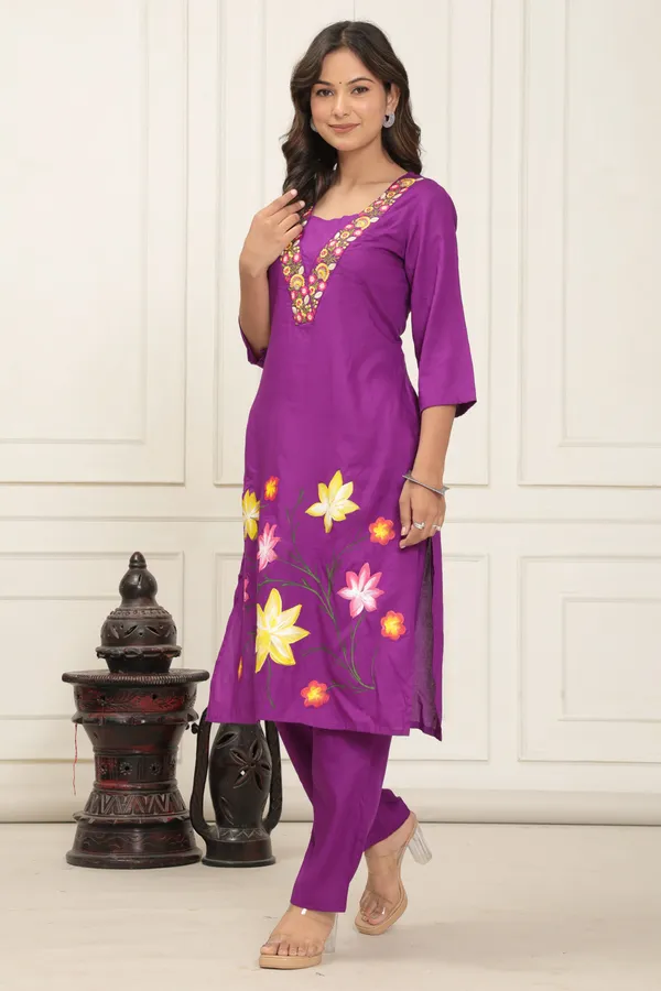 Purple_Gulbagh_Rayon_Kurti_Set_With_Hand_Embroidery_&_Brush_Painted_Floral_Art_For_Women