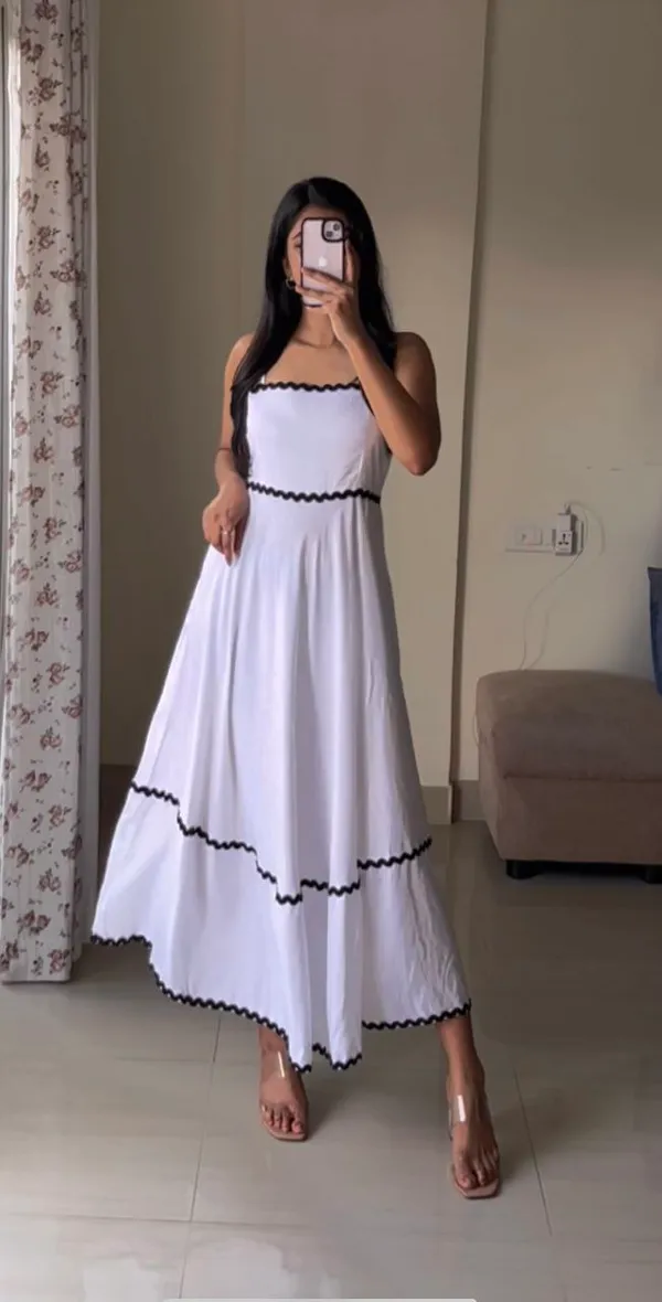 Black_&_White_Solid_Rayon_White_Long_Dress_For_Women