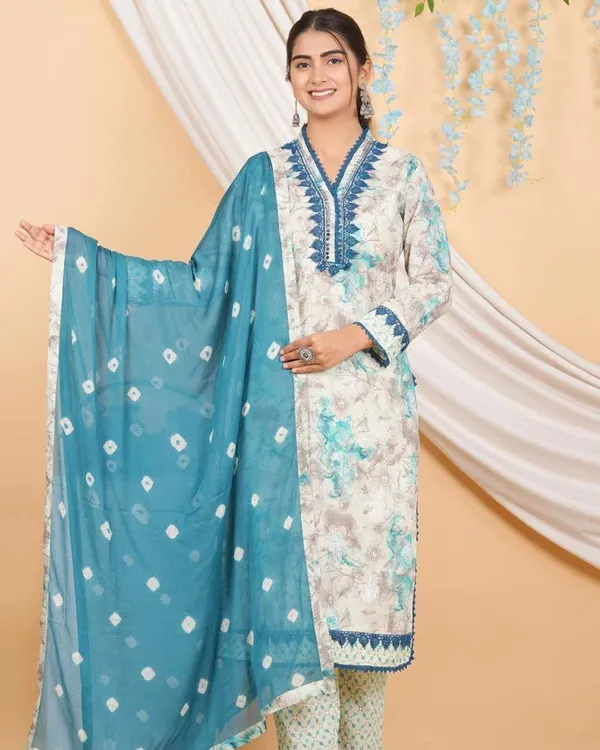 Blue_Cotton_V_Neck_Printed_Suit_Set_With_Chiffon_Dupatta_For_Women