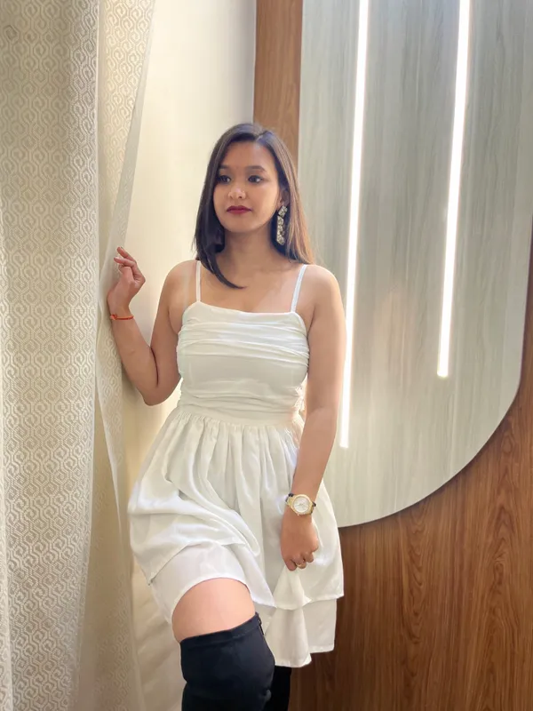 White_Solid_Two_Flared_Dress_For_Women