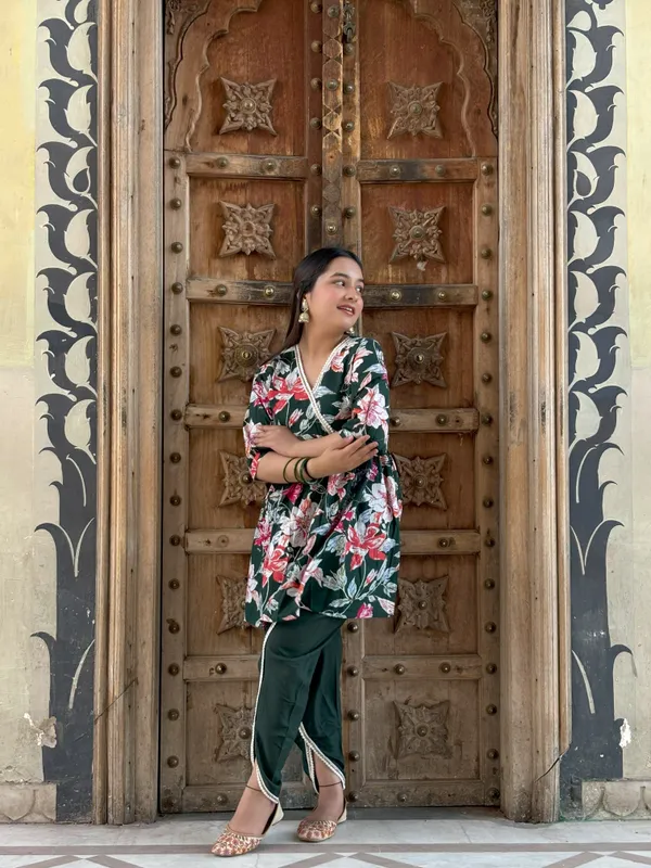 Green_Enchanted_Bloom_Kurti_Set_Luxe_Floral_Fusion_With_Lace_Detailed_Dhoti_For_Women