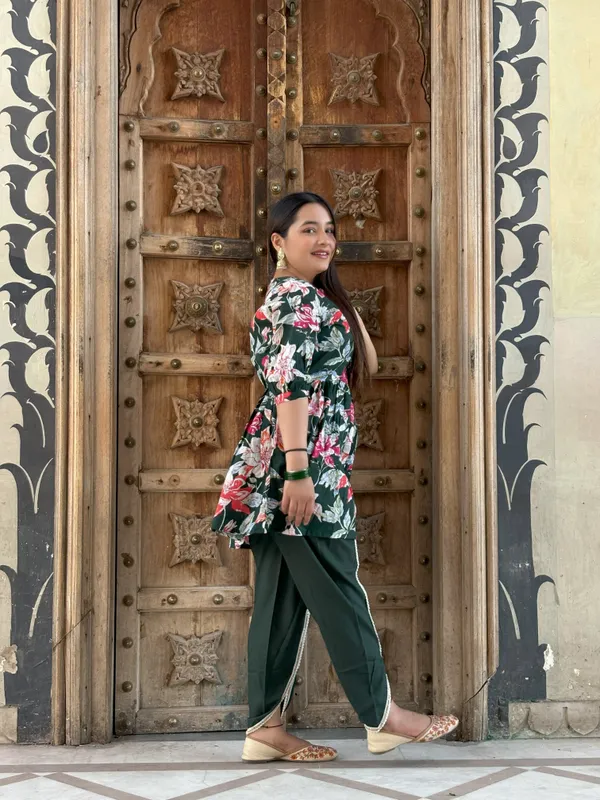 Green_Enchanted_Bloom_Kurti_Set_Luxe_Floral_Fusion_With_Lace_Detailed_Dhoti_For_Women